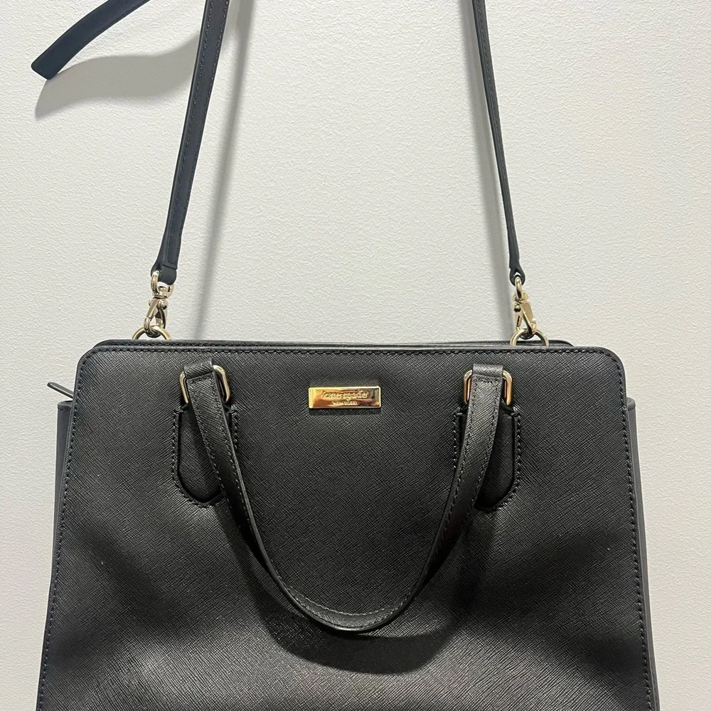 KATE SPADE Saffiano Black Leather Medium Square Tote Bag Purse/Crossbody‎